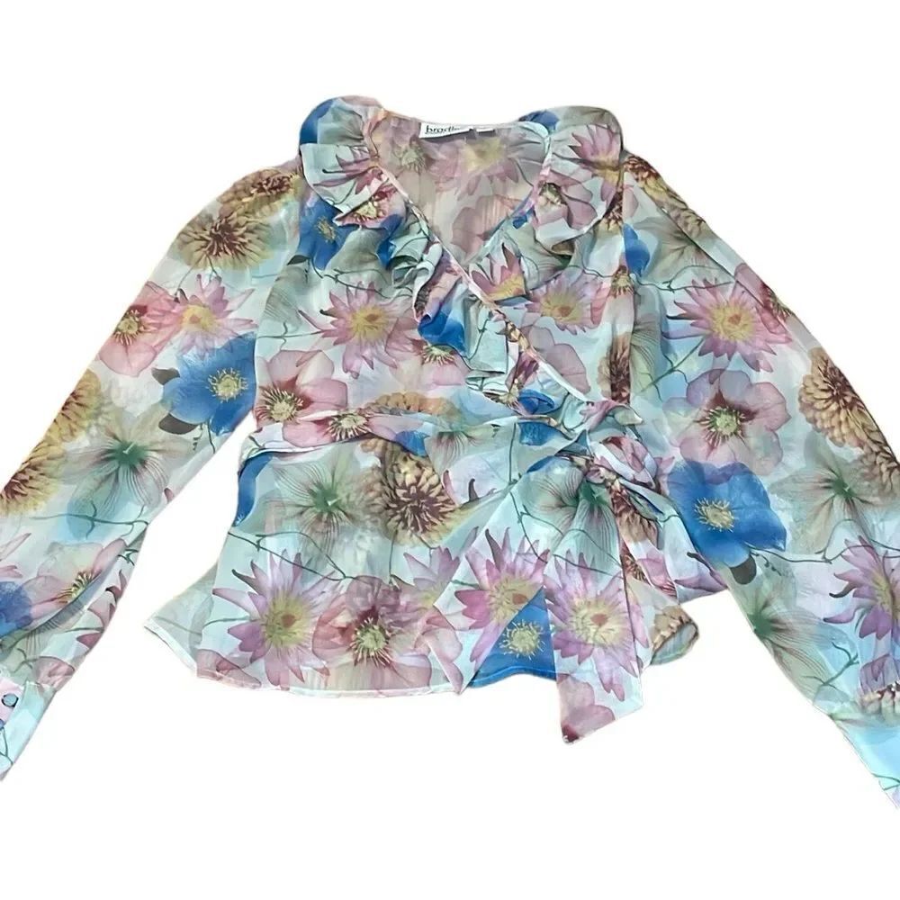 Bradley Bayou Semi-sheer Wrap Blouse, Floral Top, Large